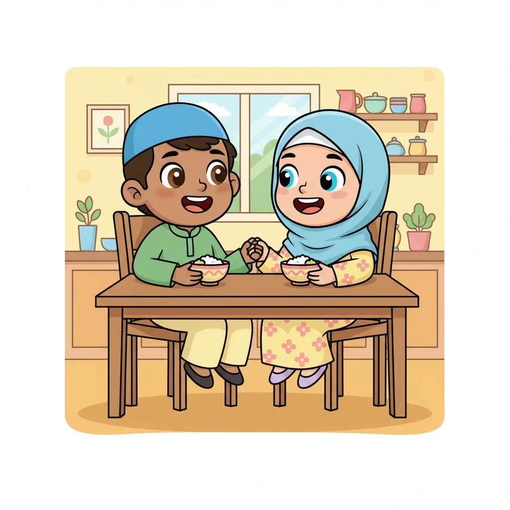Layla and Omar eagerly hopped onto their chairs, their eyes wide with excitement. They held hands for a moment, a quiet tradition before their meal. A feeling of happiness and gratitude filled the cozy kitchen.
