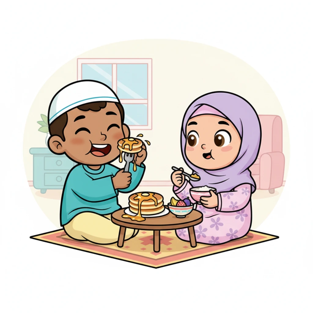 Omar, not to be outdone, scooped up a piece of pancake with plenty of syrup. He closed his eyes in bliss as he savored the taste. A wide, happy grin spread across his face, showing just how much he loved breakfast.