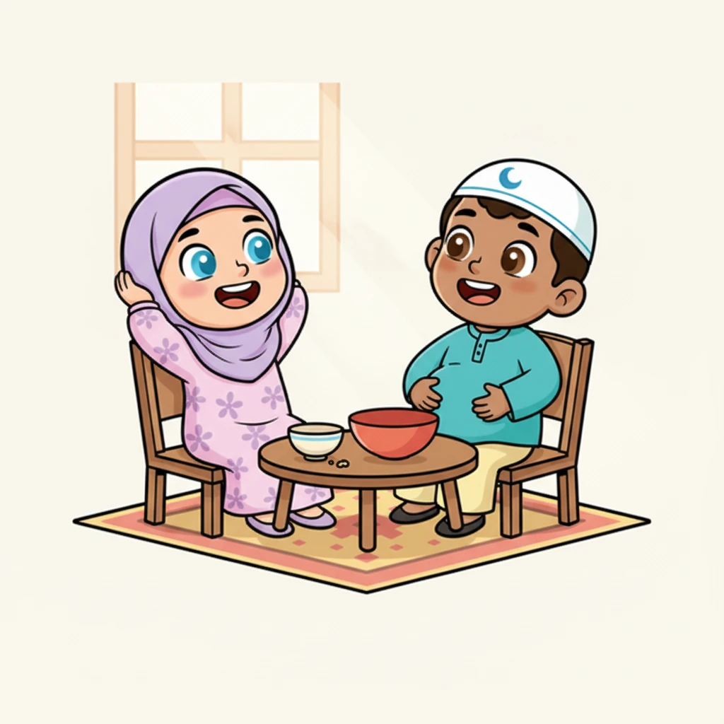 After finishing every last crumb, Layla and Omar leaned back in their chairs, feeling wonderfully full and content. Their bellies were happy, and their hearts were even happier. The morning meal had been a perfect start.