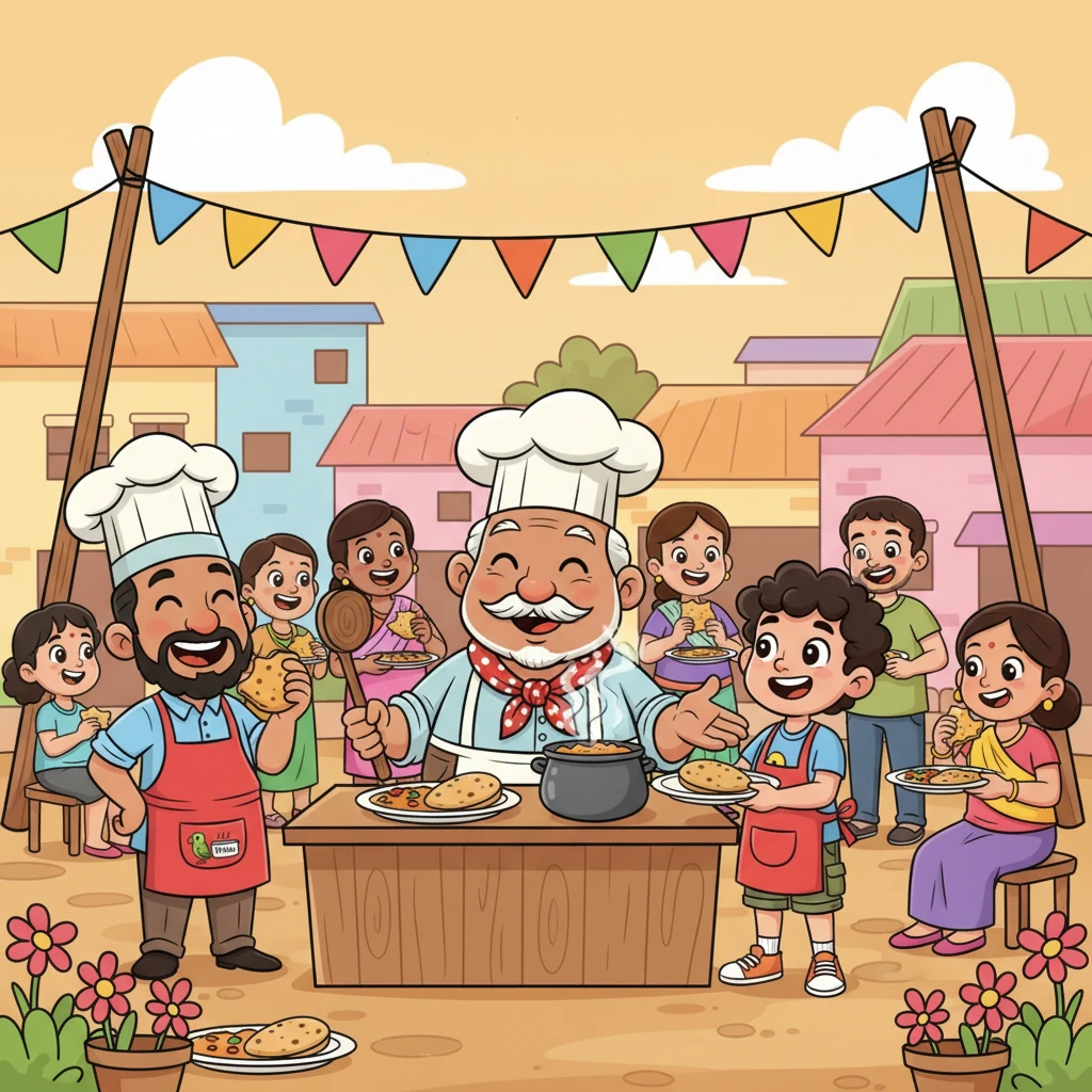 Mitthu Chacha's Dhaba was the heart of the village, a vibrant place where delicious dal-roti was served with love. Years ago, Mitthu Chacha had fed everyone during a tough famine, earning the deep respect and affection of every villager. The dhaba buzzed with happy faces and clinking plates, a true symbol of community.