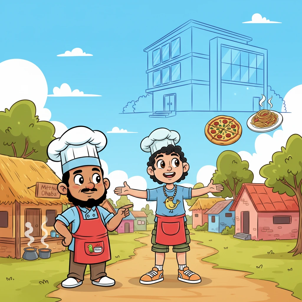 One sunny morning, Arjun, a confident city lad with a sparkle in his eye and big dreams, arrived in the peaceful village. He envisioned a sleek, modern hotel, serving exciting new foods like pizza and pasta. Lallan, a local, warned him gently, 'Mitthu Chacha’s dhaba is the heart of this village, young man!' but Arjun was too excited to truly listen.