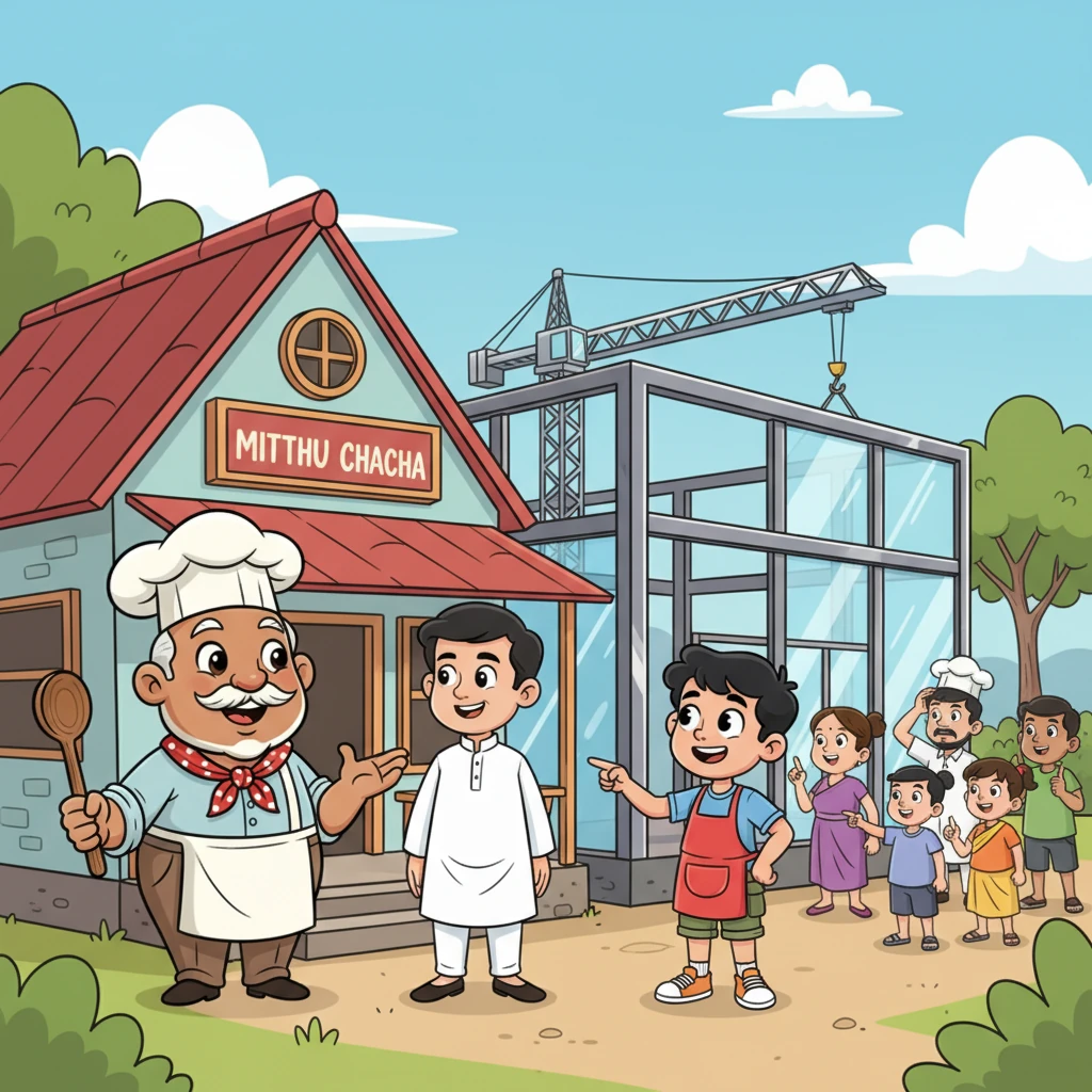 With a nod from the kindly Sarpanch, his father's old friend, Arjun wasted no time. Construction began right next to Mitthu Chacha's cozy dhaba, a stark contrast of modern steel and glass rising against the rustic charm. Villagers watched with curious eyes, some excited, some a little puzzled by the rapid change.