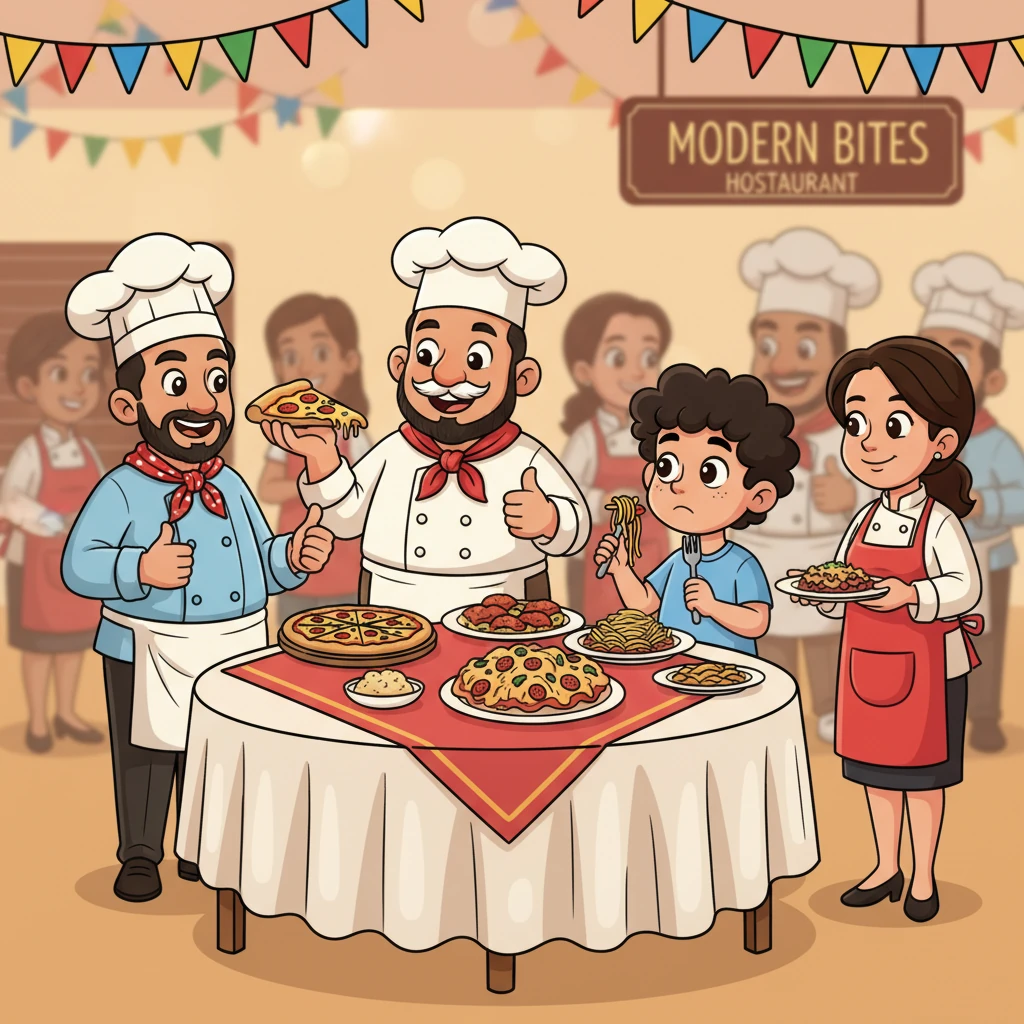 The grand opening of Arjun's 'Modern Bites' hotel was a colorful affair! Mitthu Chacha and his family were among the first guests, politely trying the new pizza and pasta dishes. They praised the food with warm smiles, wishing Arjun the best of luck, though secretly, their hearts yearned for their familiar dal-roti.