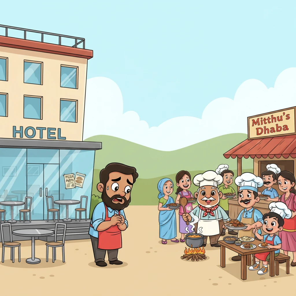 But soon, Arjun's bright hotel stood quiet and empty, its shiny tables deserted. The villagers, used to their simple, comforting meals, found pizza and pasta too strange for their everyday taste. Meanwhile, Mitthu's Dhaba remained as popular as ever, bustling with happy customers. Arjun grew worried, facing mounting bills and the threat of losing everything.