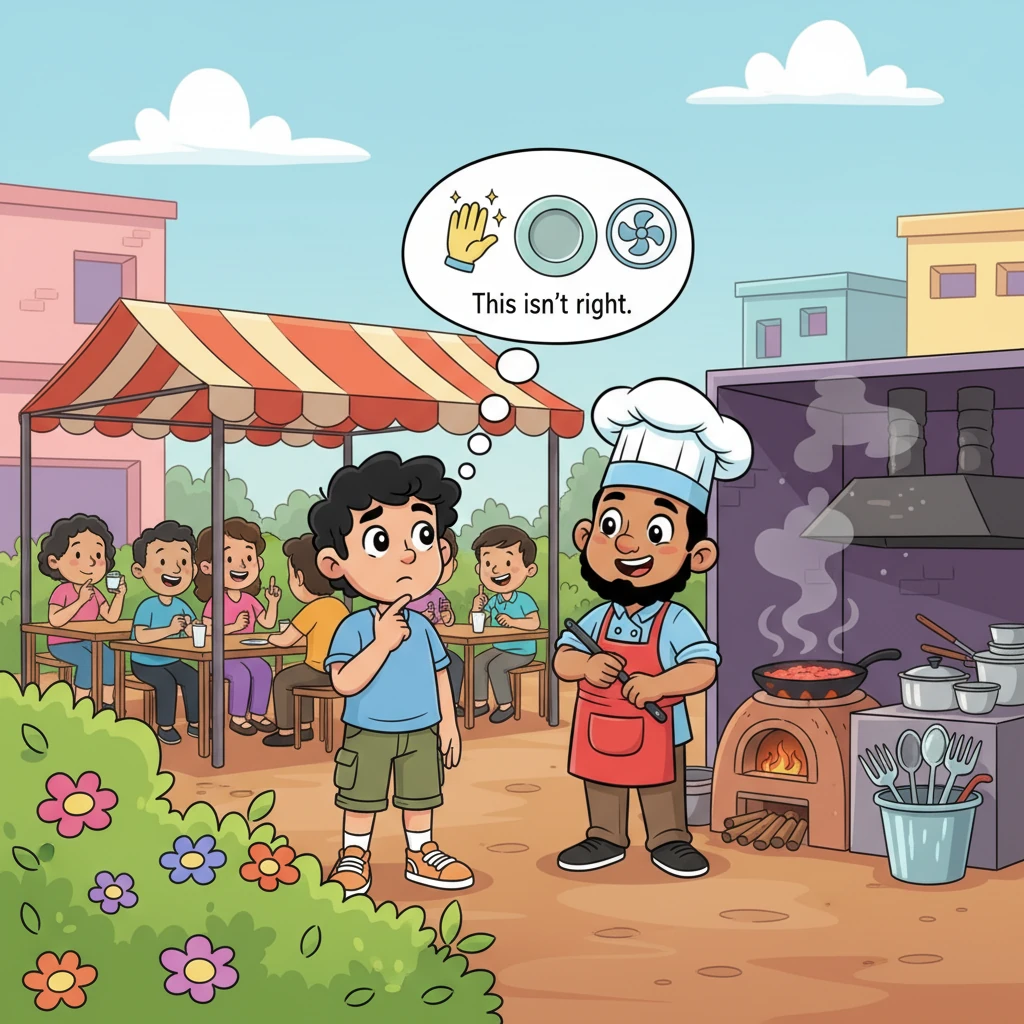 In despair, Arjun decided to observe Mitthu Chacha's thriving dhaba, seeking answers. He watched closely, noticing small but significant flaws: no gloves used, some utensils looked less than sparkling, and the kitchen lacked proper ventilation. A thought sparked in Arjun's mind, 'This isn't right for everyone's health.'