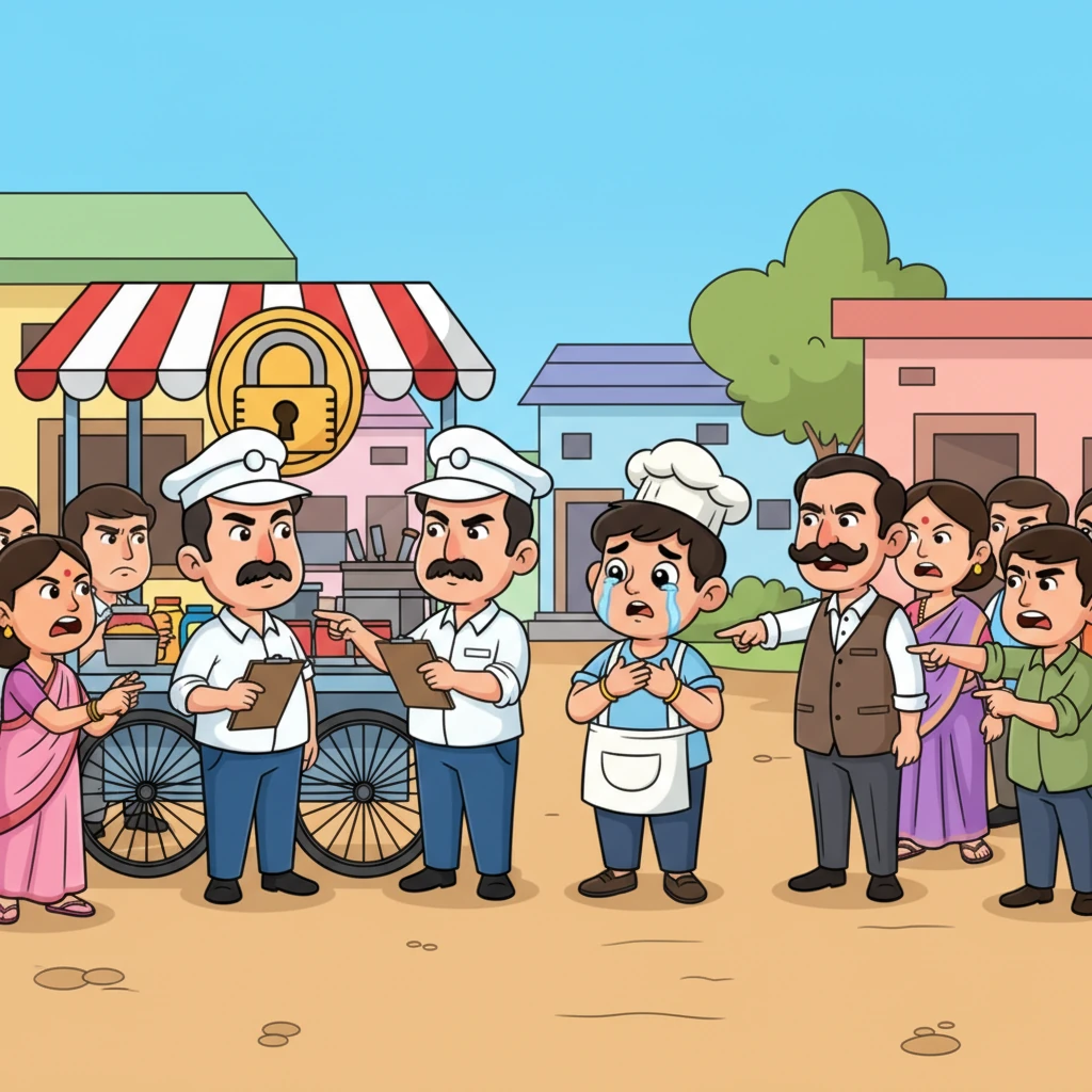 The very next day, FSSAI officials arrived, looking serious. To everyone's shock, Mitthu Chacha's beloved dhaba was sealed due to hygiene violations! The villagers, heartbroken and angry, immediately assumed Arjun had complained. Mitthu Chacha, deeply hurt, sought help from the Sarpanch, who sternly blamed Arjun and stirred the villagers to confront him.