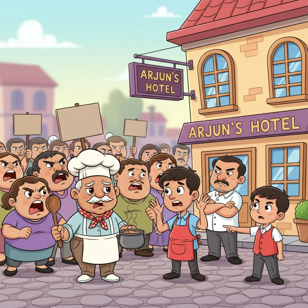 An angry mob charged towards Arjun's hotel, their faces filled with fury. Arjun frantically pleaded his innocence, and even a heartbroken Mitthu Chacha spoke up, sensing something was amiss. Suddenly, a brave young staff boy stepped forward, revealing the shocking truth: it was Lallan, consumed by jealousy after his own business failed, who had secretly filed the complaint.