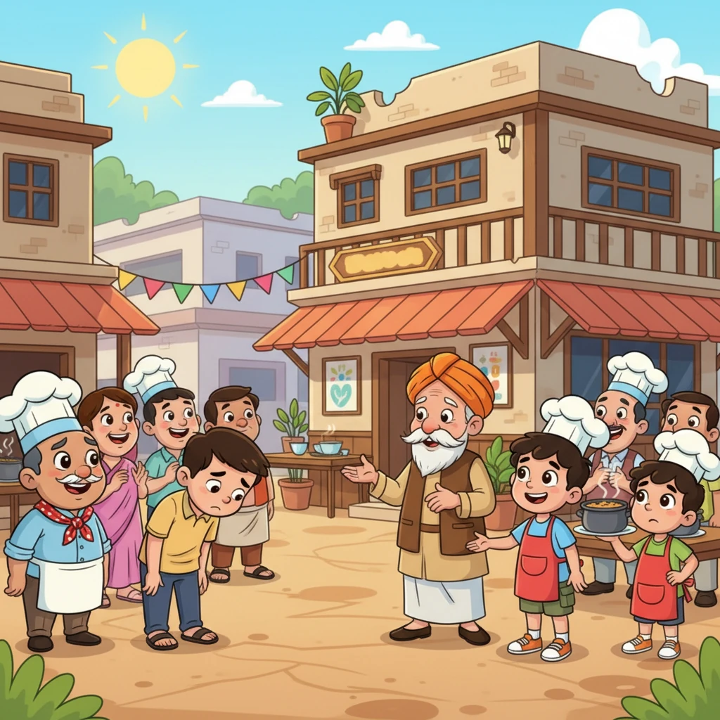 The villagers, realizing their grave mistake, confronted Lallan, who hung his head in shame. Both Arjun and Mitthu Chacha understood their individual shortcomings: Arjun hadn't understood local tastes, and Mitthu had overlooked hygiene. The wise Sarpanch proposed a brilliant idea: 'Work together! Arjun, bring hygiene and new ideas. Mitthu, keep the tradition alive!' Both men, humbled and hopeful, agreed. Together, they transformed the dhaba-hotel into a thriving success, a vibrant blend of old and new, where the village truly found its happiness.