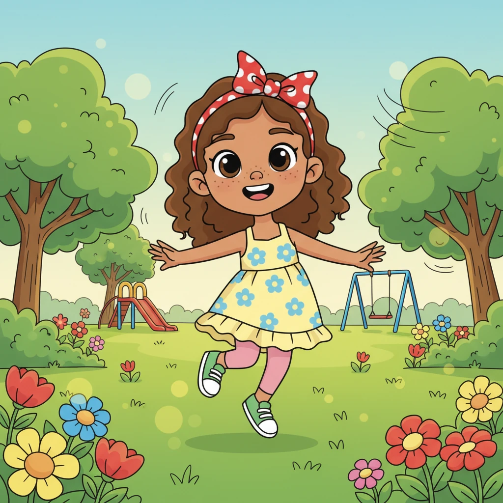 Lily skipped into the sun-drenched playground, a bright smile on her face. Lush green trees swayed gently, and colorful flowers bloomed all around, promising a day full of adventure. Soft sunlight dappled through the leaves, making everything sparkle.