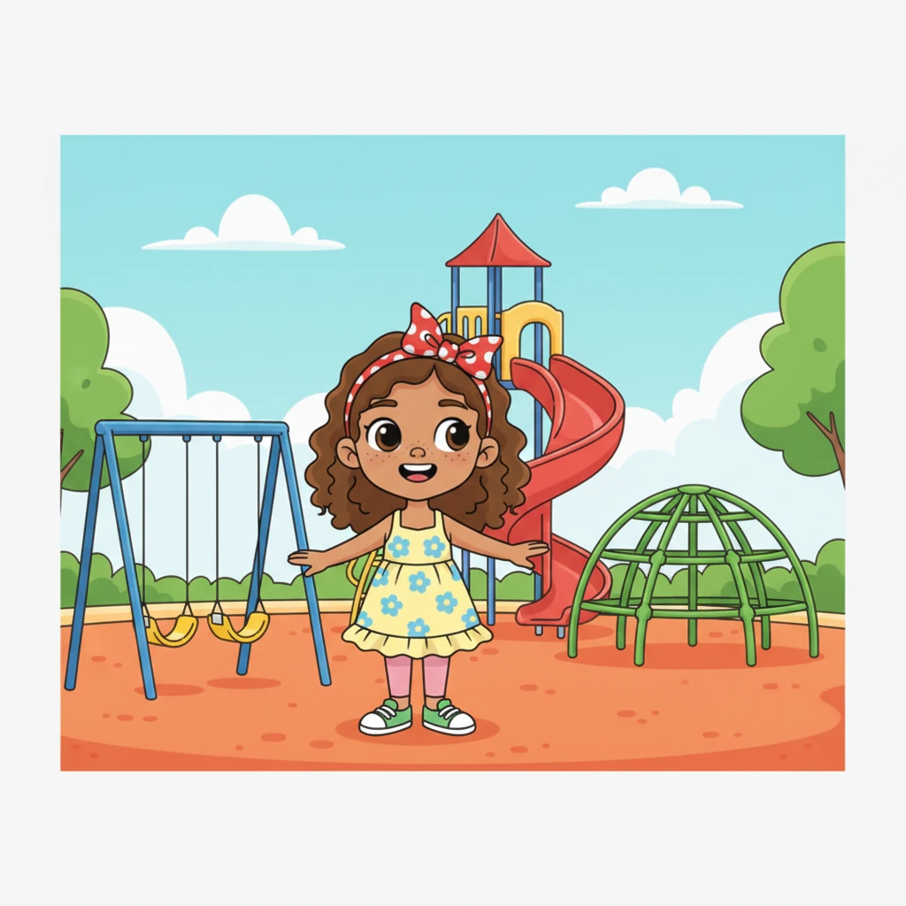 She looked at the empty swings, the tall slide, and the sturdy climbing frame. For a moment, it felt a little too quiet, a little too still. Then, a mischievous twinkle appeared in her eyes, and her imagination began to hum.