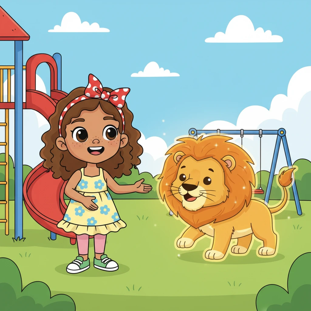 Suddenly, near the bright red slide, a magnificent lion appeared, its mane a soft, shimmering gold. It was slightly translucent and glowed with a gentle light, giving a friendly roar that only Lily could hear. This lion wasn't scary at all; it looked ready to play.