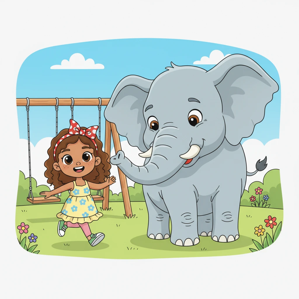 Lily giggled and ran towards the swings, and a giant, gentle elephant with big, floppy ears materialized right beside her. Its trunk playfully swayed, and its large, kind eyes looked at her with warmth. The elephant seemed to be waiting for a push.