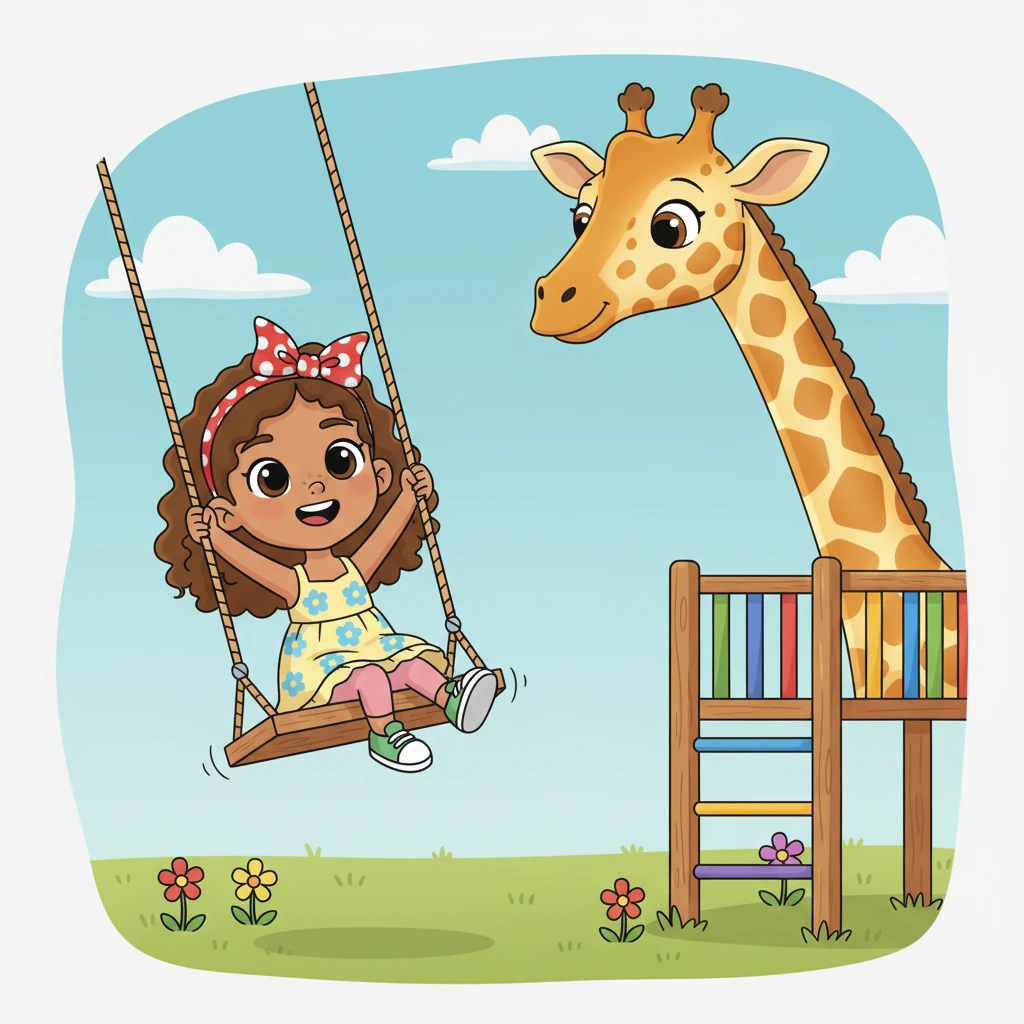As Lily soared high on the swing, a graceful giraffe with an impossibly long neck peeked over the top of the climbing frame. Its patterned coat shimmered with an ethereal glow, and it smiled down at her with a sweet, curious expression. The giraffe seemed to be cheering her on.