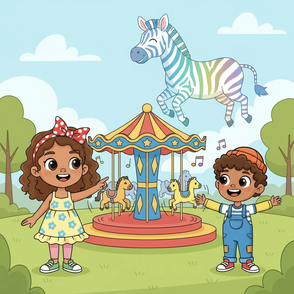 Soon, other children arrived, their laughter filling the air. Lily tried to point out the magnificent zebra prancing by the merry-go-round, but her new friends only saw the spinning ride. They couldn't see the shimmering stripes or the playful whinny.
