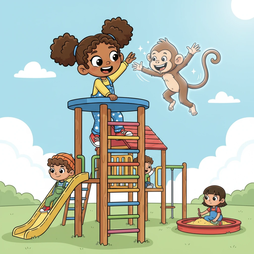 Lily climbed up the ladder to the highest platform, and a mischievous monkey with a long, curly tail swung down to meet her. The monkey chattered happily, its translucent form glowing as it playfully chased her around the climbing frame. Other kids played on the lower levels, oblivious to the fun.