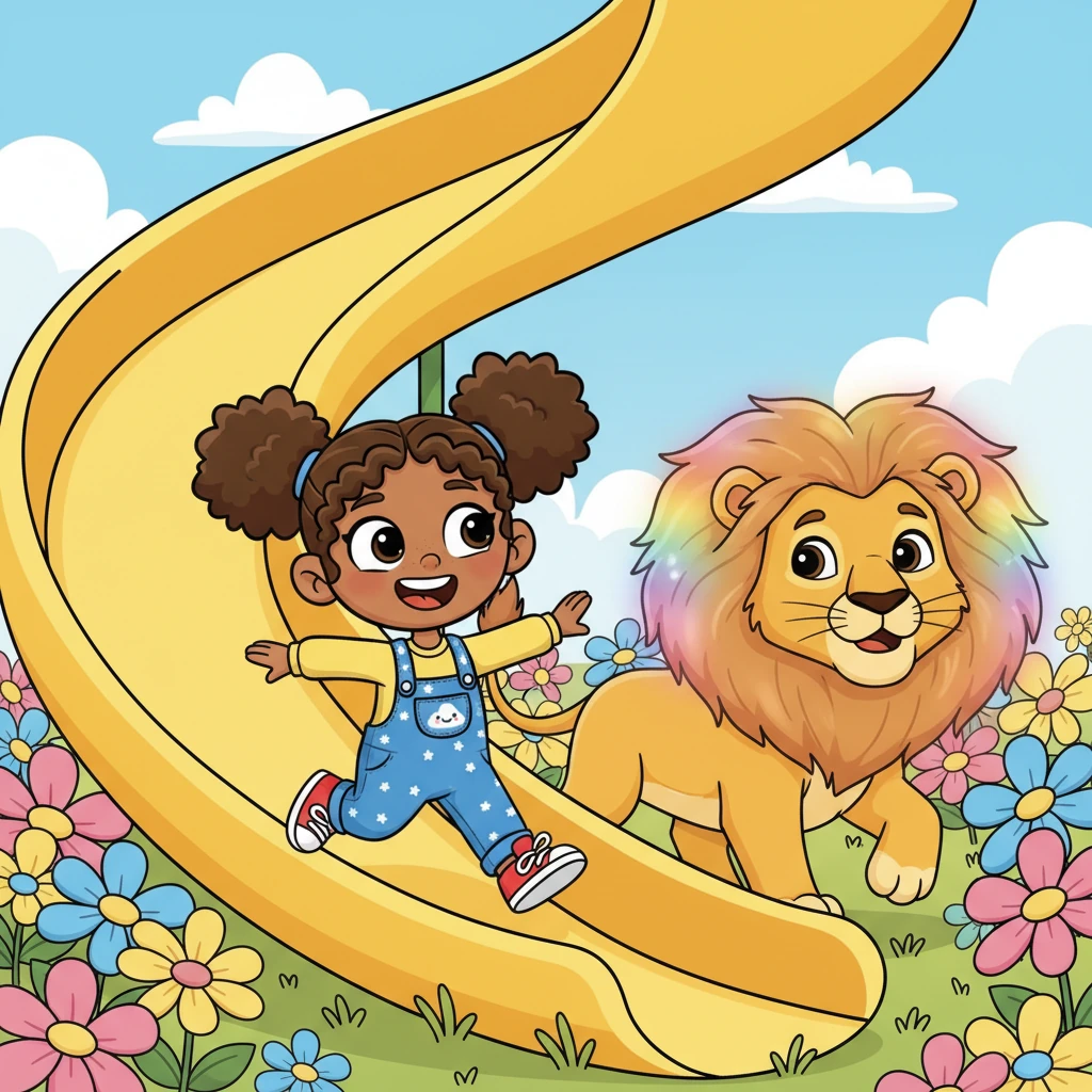 She slid down the curly slide, landing with a soft thud, and found a majestic lion waiting at the bottom, its translucent mane shimmering. The lion gave a silent, happy purr, inviting her to play tag among the flowers. Lily laughed and ran off, the lion following.