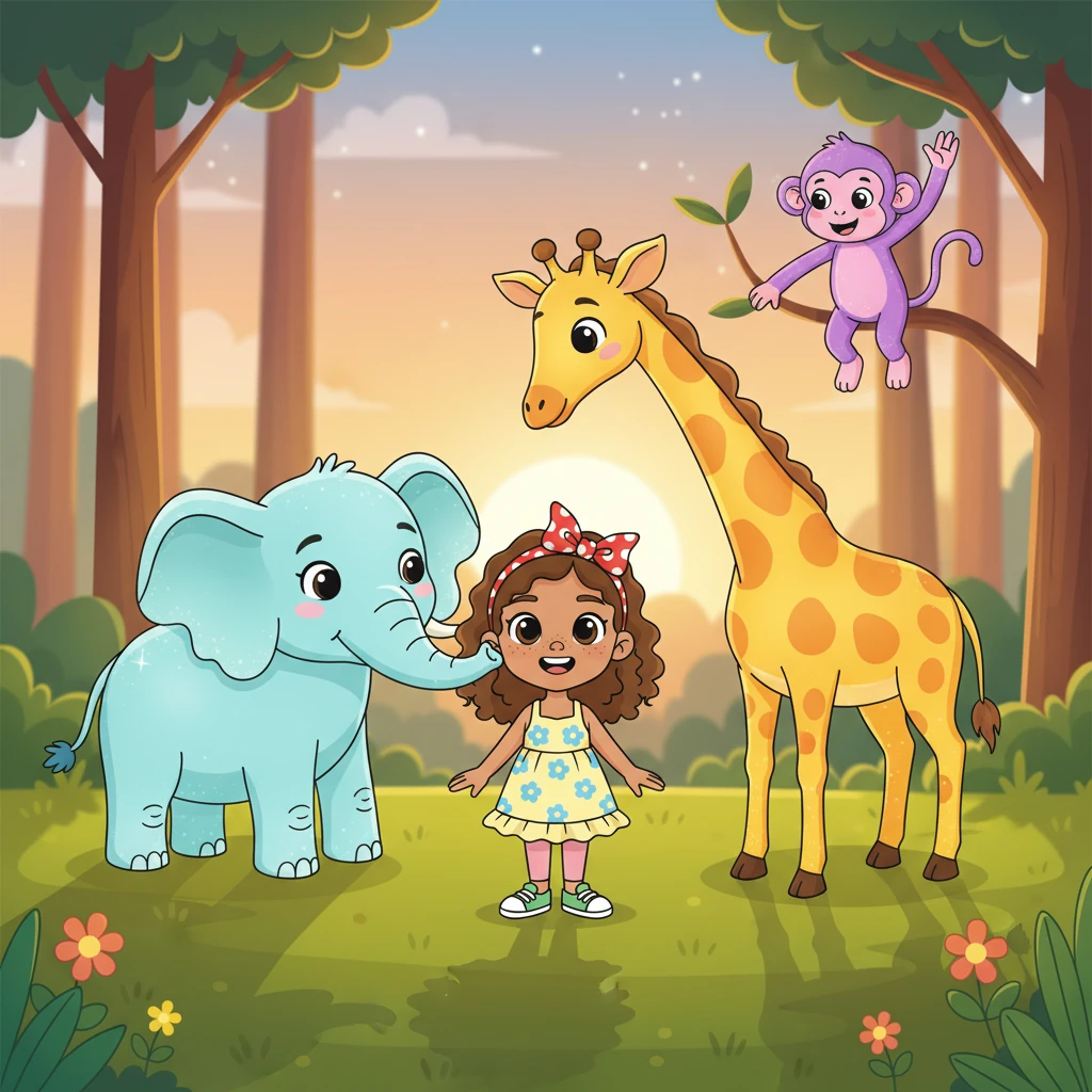 As the afternoon sun began to dip, all of Lily's imaginary friends gathered around her. The glowing elephant gently nudged her, the giraffe bowed its long neck, and the monkey waved from a tree. They were a beautiful, shimmering circle of comfort and joy.