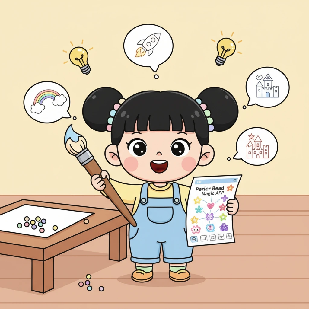 灵光一闪！小艺决定要自己“创造”这个魔法。她拿起画笔和纸，开始设计她心中的“拼豆魔法APP”，画出了一个充满创意和可能性的世界。