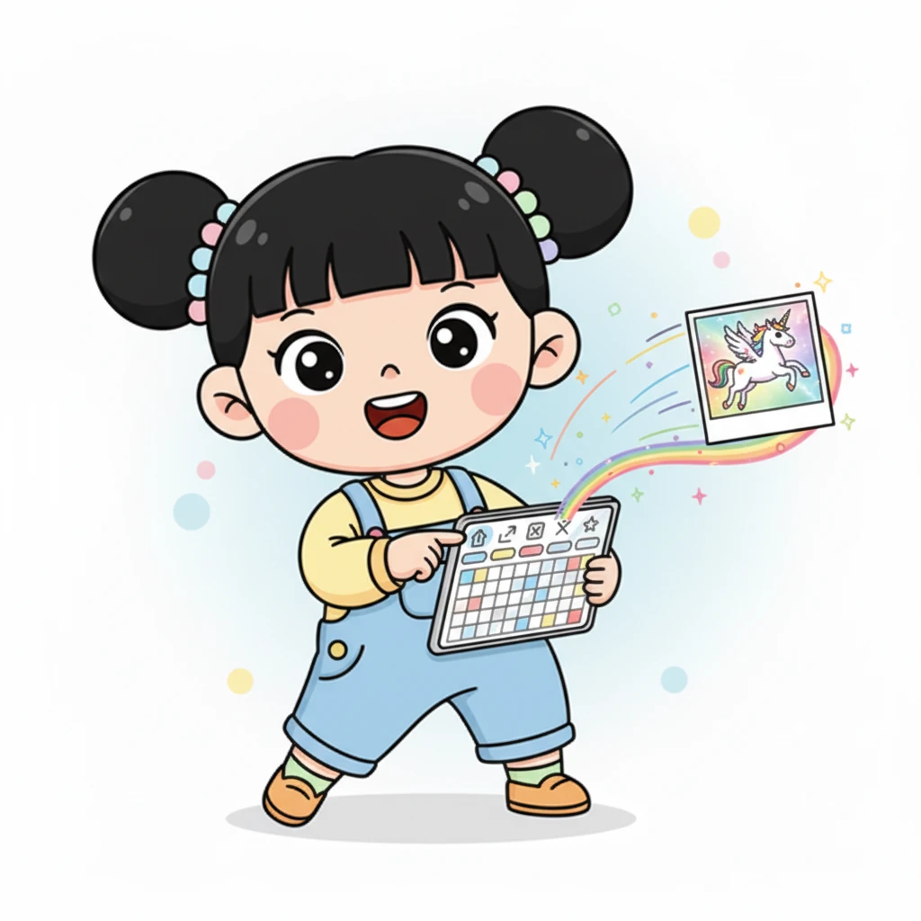 她轻轻一点，一张她最喜欢的彩虹独角兽照片嗖的一下飞进了APP里。照片在屏幕上旋转跳跃，仿佛被赋予了生命。