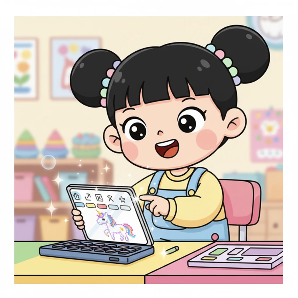 小艺开心地点击着不同的按钮，调节着拼豆图样的颜色深浅和亮度。原本有点模糊的独角兽，在她的调整下变得清晰又可爱，充满了艺术感。