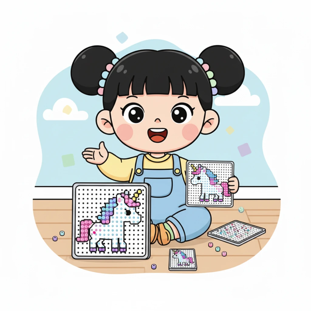 她还尝试了不同大小的格网模式，从小巧玲珑的迷你拼豆到大大的艺术品，一切尽在她的掌握之中。每一款模式都让独角兽呈现出独特的魅力。