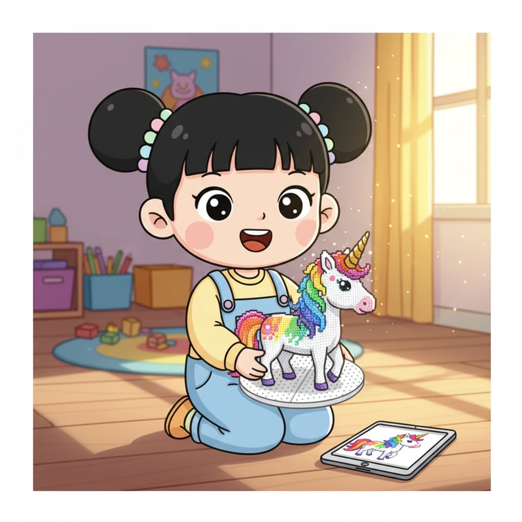 按照APP生成的图样，小艺用真实的拼豆拼出了一个完美的彩虹独角兽。它和照片上一模一样，甚至在阳光下显得更加闪亮，充满成就感。