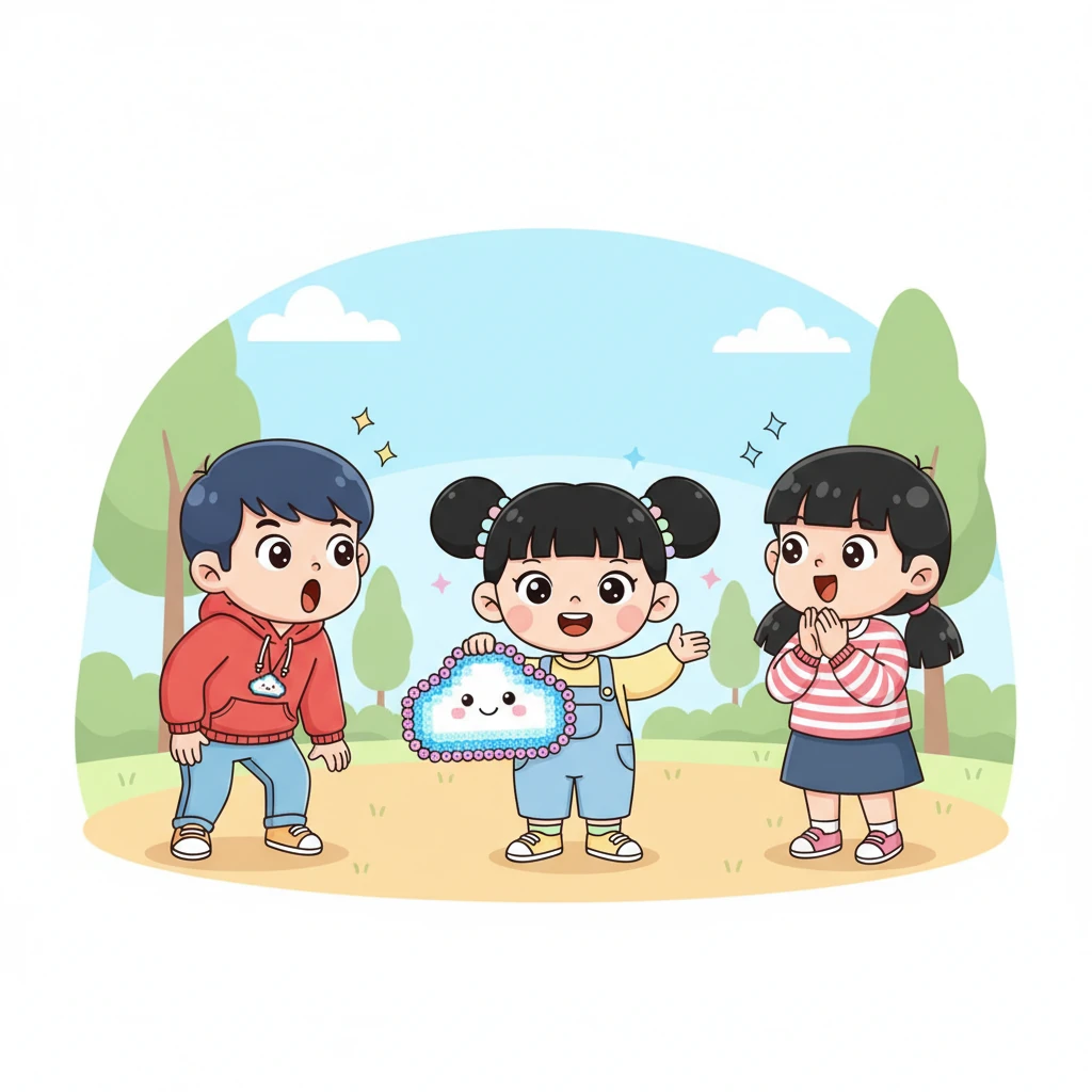 小艺自豪地展示她的作品，并向朋友们分享她的“拼豆魔法APP”的奇妙构想。朋友们都被她的创意和作品惊呆了，也想拥有这样的魔法APP。