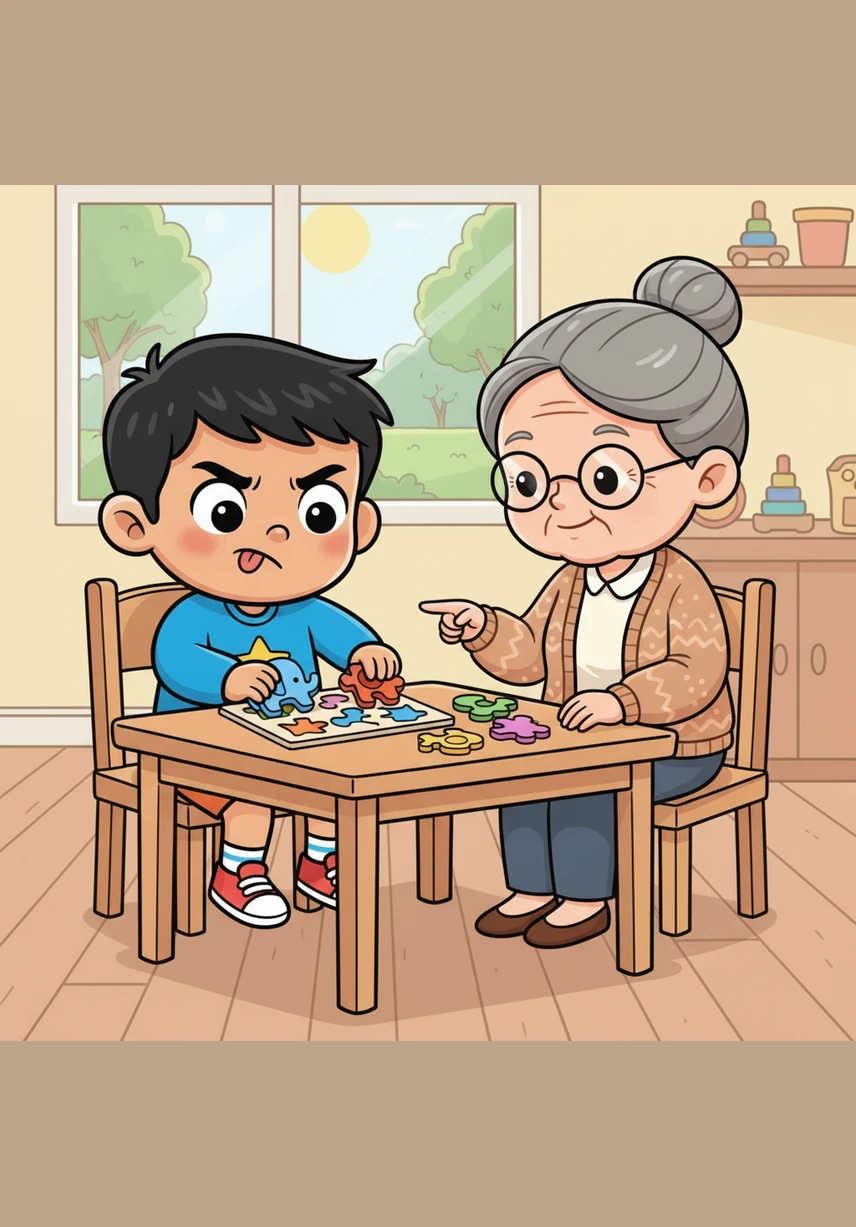 Grayson sits at the small wooden table, his tongue poking out in concentration as he colors a magnificent green dragon. His drawings are the most detailed in the whole classroom, filled with shimmering scales and bright orange flames. He is a very smart boy who loves to create beautiful things for everyone to see.