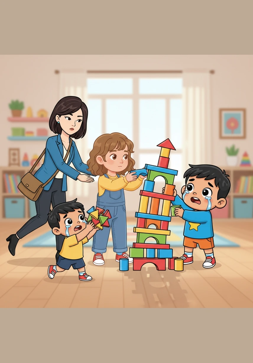 Across the room, Leo and Maya are building a tall tower out of colorful wooden blocks. Grayson loves to be a helper, so he rushes over with a handful of triangles, eager to add them to the very top. He wants to join the fun, but he doesn't ask if they need any help first.