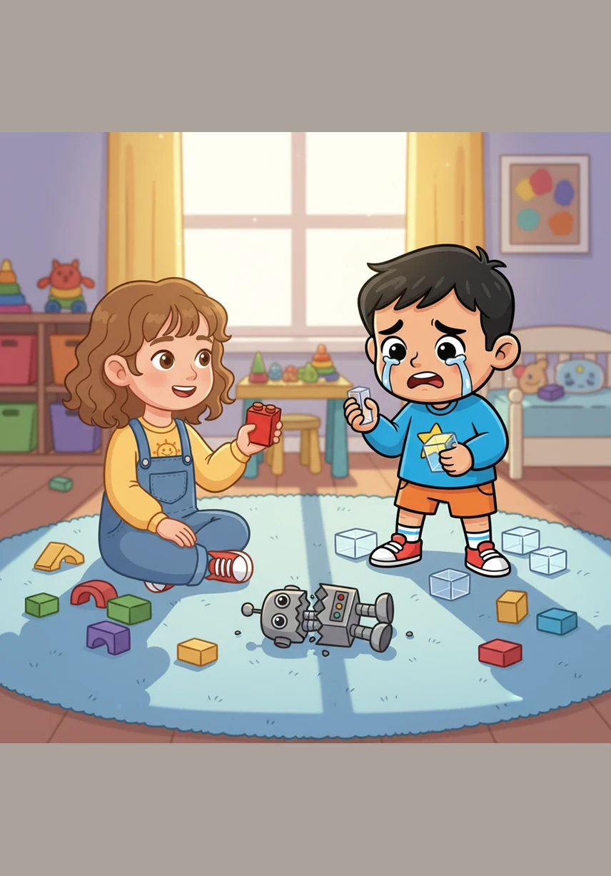 Maya looks up and says she wants to finish the tower by herself for a little while. Grayson doesn't stop, trying to place his blocks anyway because he thinks his idea will make the tower even better. He is so focused on helping that he forgets to listen to Maya's words.