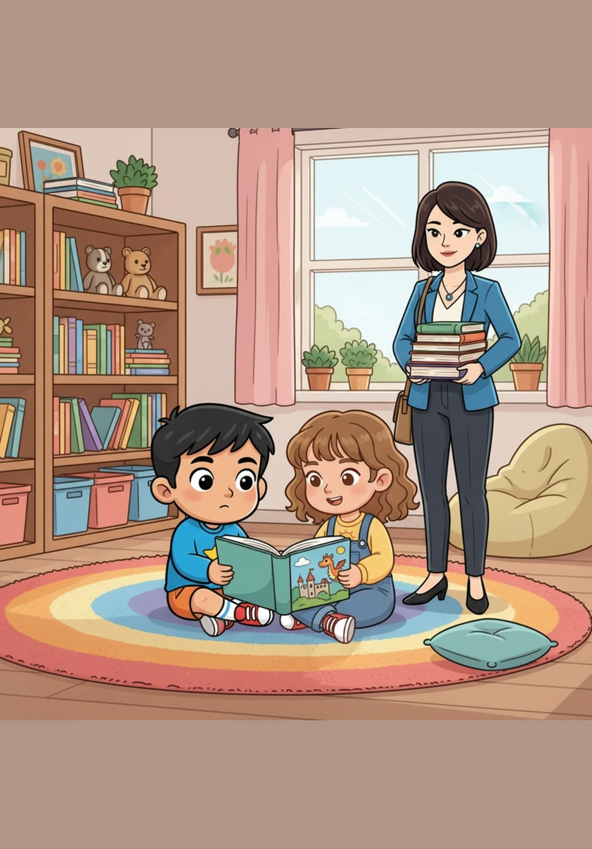 When the other children move to the reading corner for some quiet time, Grayson follows them very closely, sitting right next to Maya. Even when she whispers that she needs some space to look at her book, Grayson stays right there, leaning in to see the pictures. He wants to be close, but he is standing inside her personal bubble.