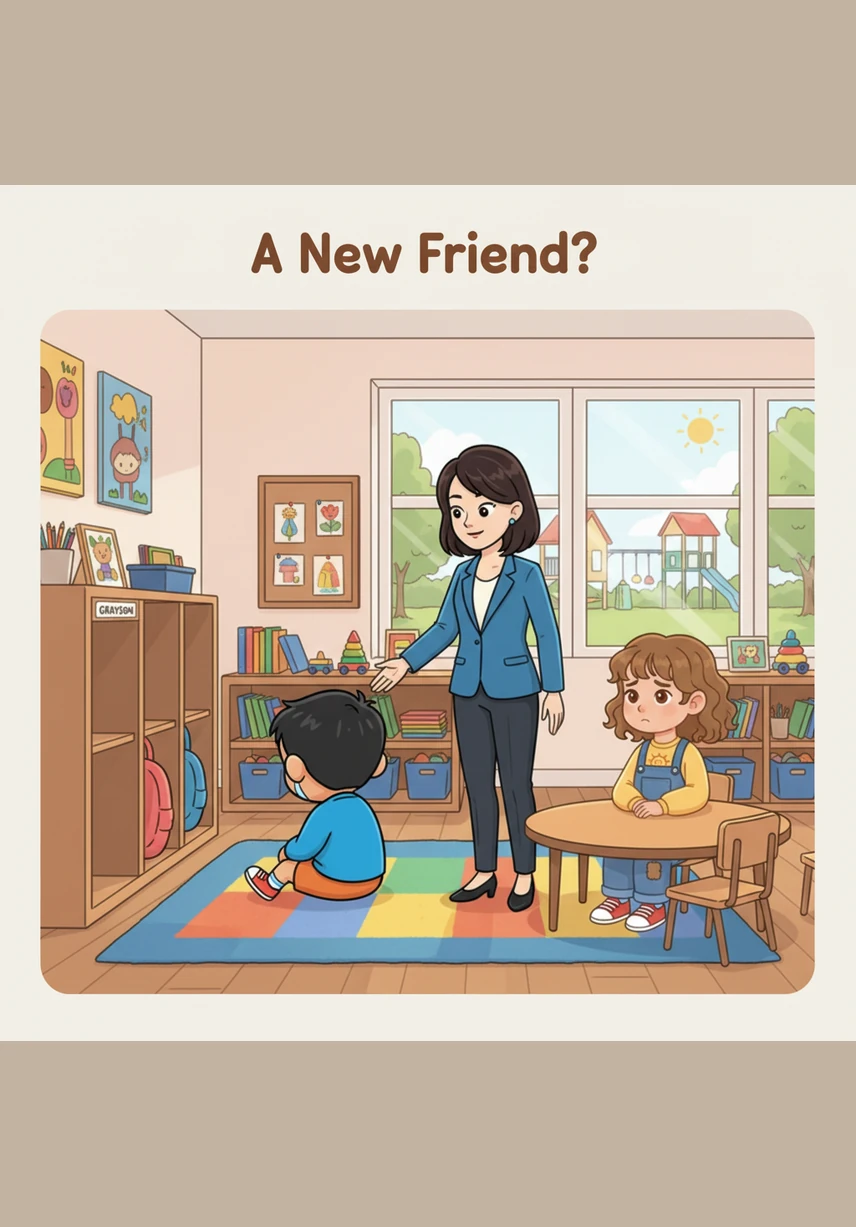 Feeling crowded, the other children stand up and move to a different rug, leaving Grayson all by himself. Big tears well up in Grayson’s eyes and roll down his cheeks because he just wants to play and doesn't understand why they left. He feels very lonely when his friends go away to play without him.