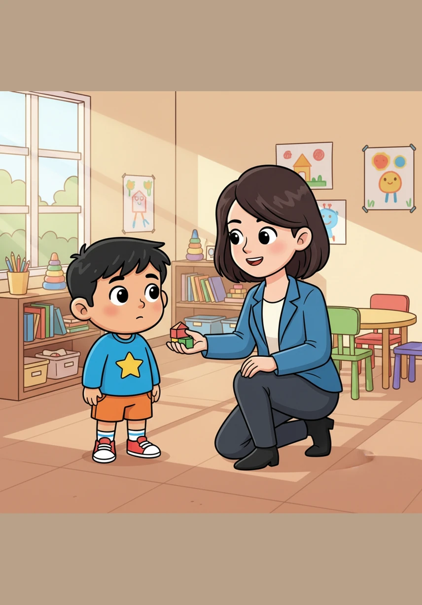 Ms. Lee kneels beside Grayson and explains that everyone has an invisible bubble around them that makes them feel safe and happy. She tells him that being a great helper also means listening with his ears and his heart when friends say they need a little bit of room. Grayson listens carefully, realizing that his friends weren't being mean, they just needed space.