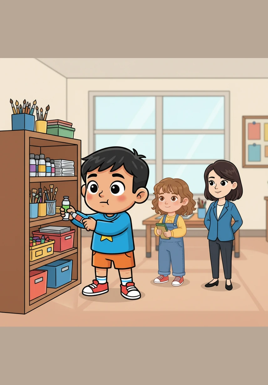 Grayson takes a deep breath and uses his smart brain to think about the personal bubble lesson. He decides to use his helping hands to organize the messy art shelf, waiting patiently for someone to ask for his assistance instead of jumping in. He feels proud of himself for staying calm and giving others room to move.