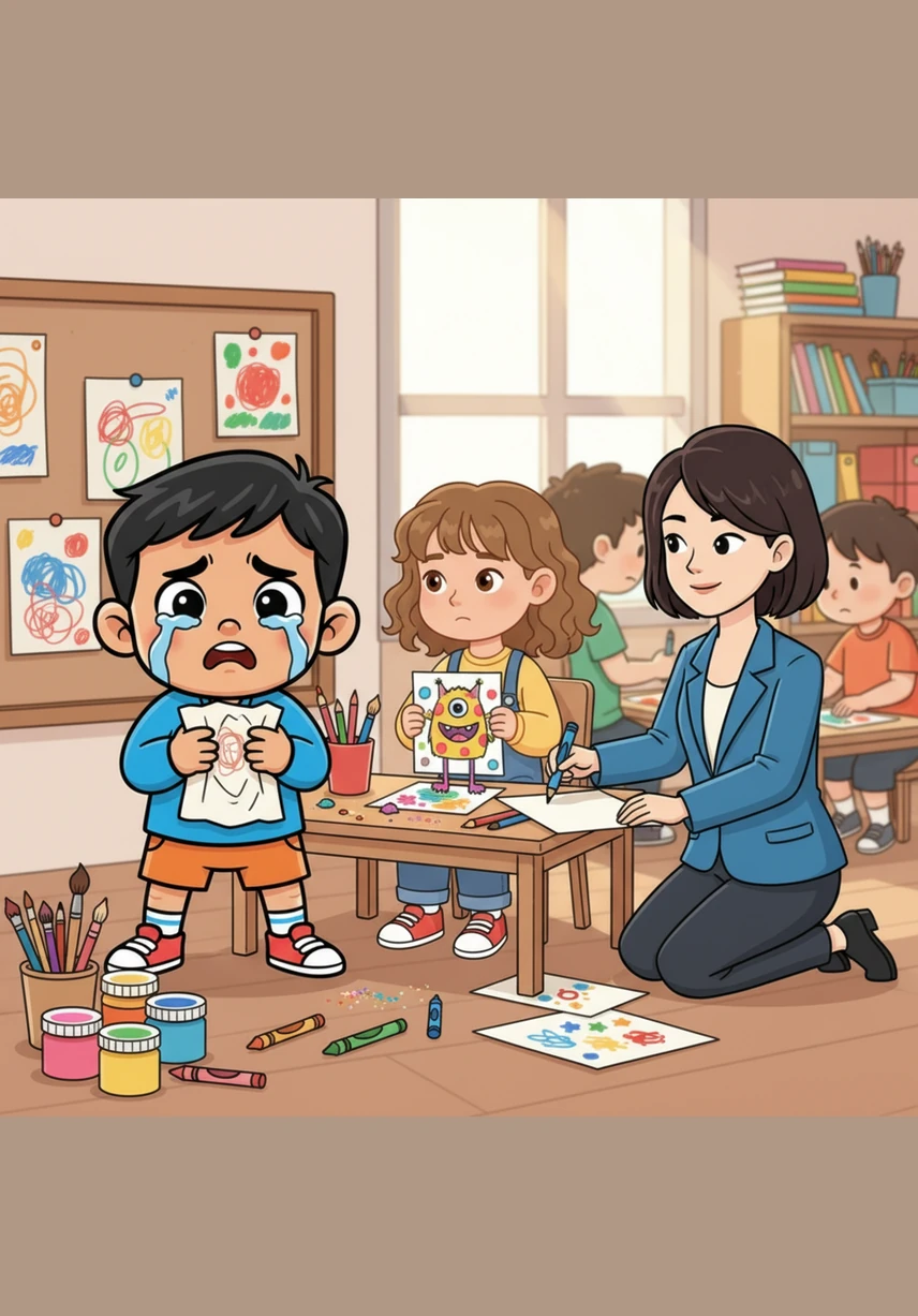 He notices Leo searching through a bin of crayons with a frustrated look on his face. Instead of rushing over and grabbing a crayon, Grayson stays back and asks in a soft voice if Leo would like some help finding the sparkly silver one. He waits for Leo to answer before moving any closer.