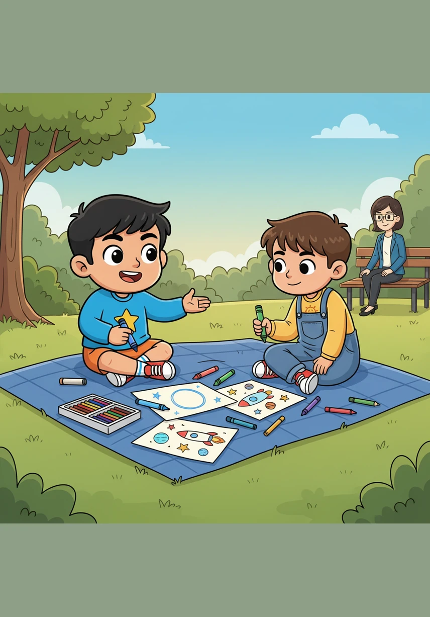 Leo smiles and nods, inviting Grayson to sit a comfortable distance away so they can draw a space scene together. Grayson listens carefully as Leo describes the planets, making sure to give his friend plenty of room to move his arms. They work together perfectly, and Grayson feels a warm glow of happiness.