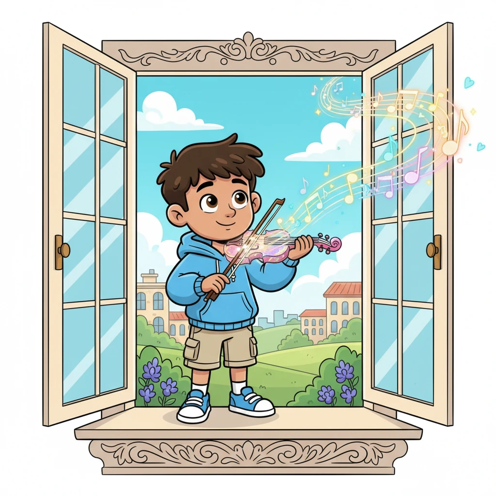 In a sunny Austin neighborhood, a boy named Mateo often gazed out his window, dreaming big dreams. His imagination swirled with vibrant colors and joyful melodies, yearning for something special. He pictured himself playing the most beautiful music.