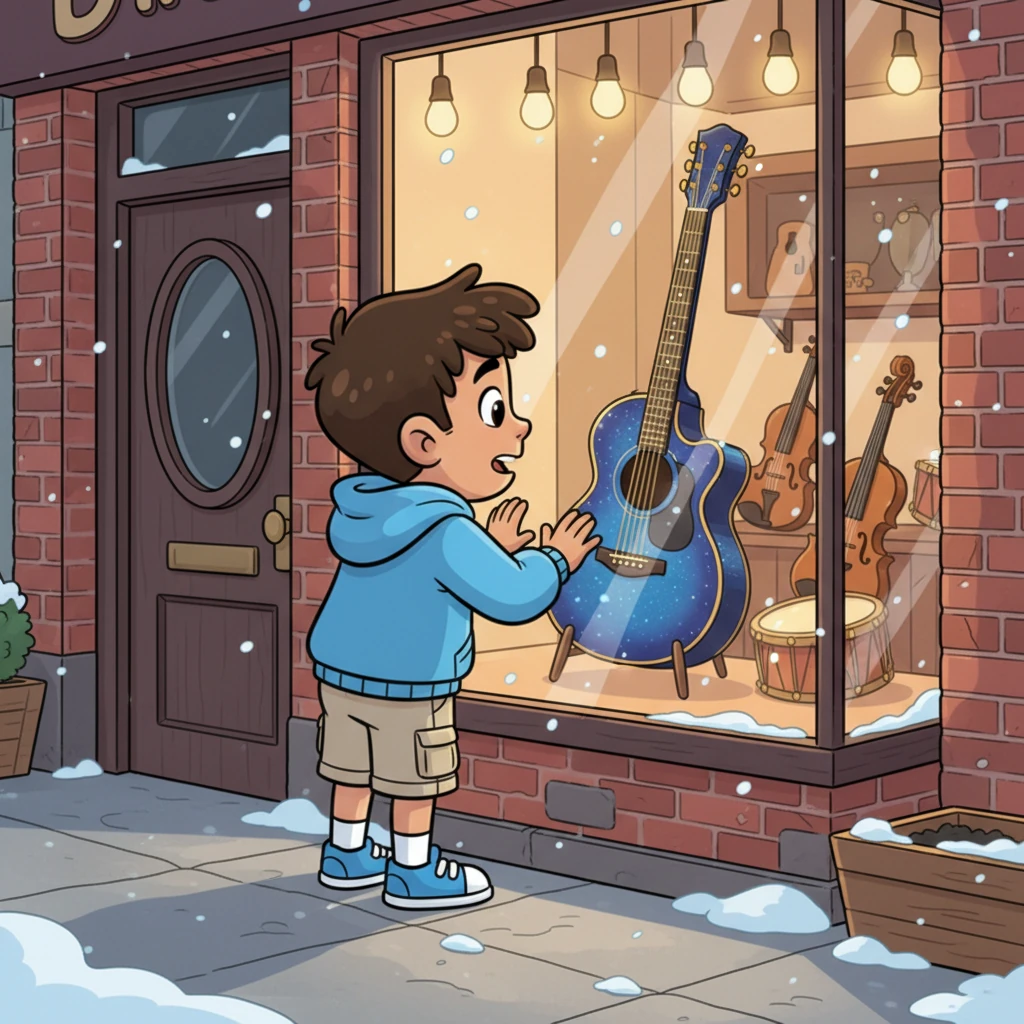 One crisp January day, Mateo stopped by the local music shop, his eyes wide with wonder. There, nestled in the window, was the most magnificent blue guitar he had ever seen. It shimmered under the lights, calling to him with a silent, sweet song.