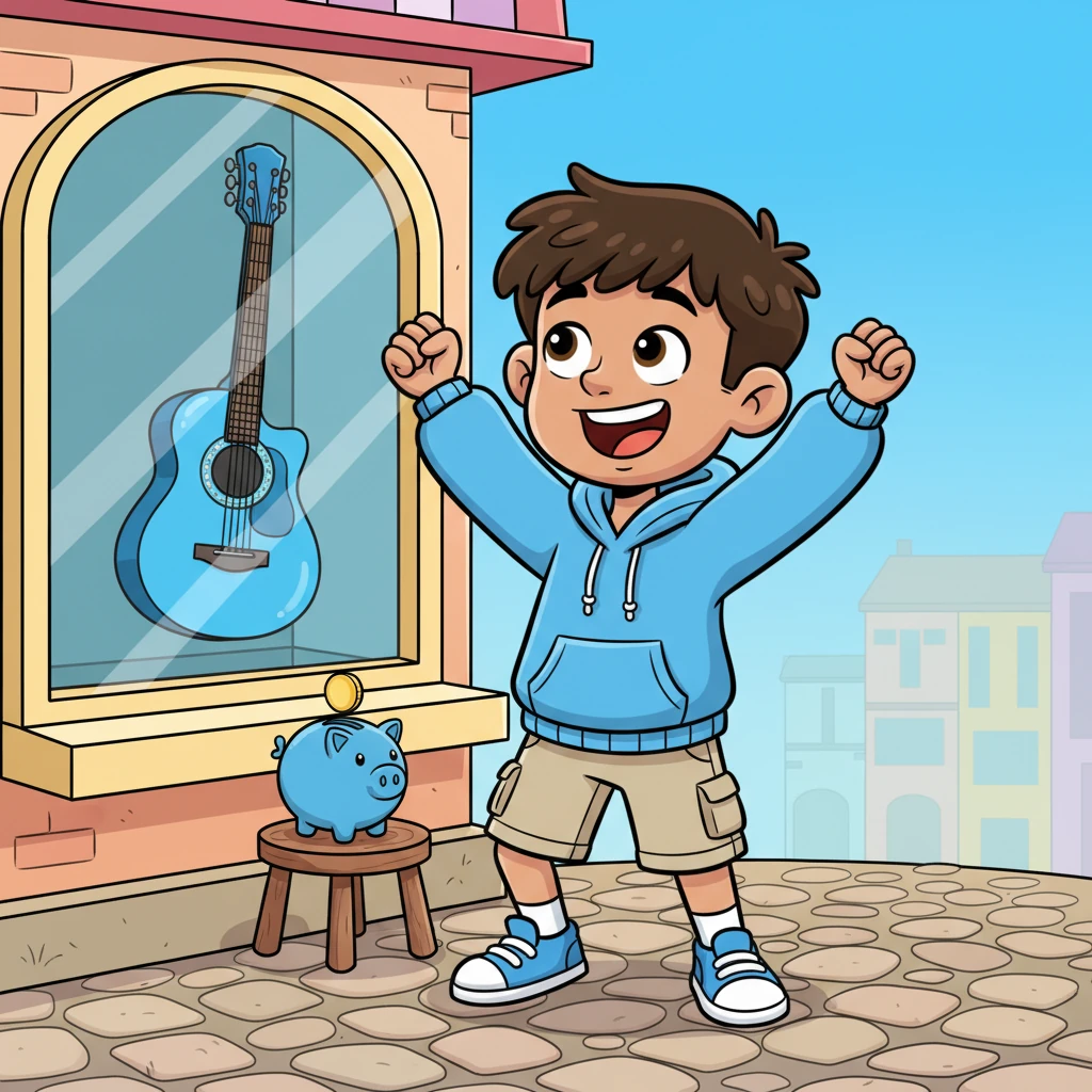 A spark ignited in Mateo's heart. He stood tall, a determined grin spreading across his face, making a firm promise to himself. He would save every penny until that beautiful blue guitar was his. This exciting new mission filled him with energy.