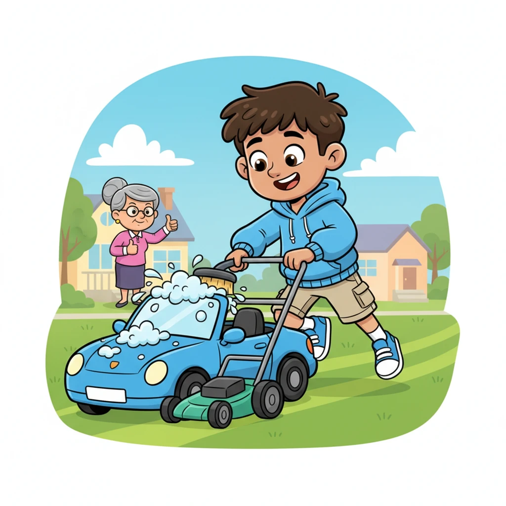 Every weekend, Mateo transformed into a chore-doing superhero, tackling tasks with exaggerated enthusiasm. He washed cars until they gleamed, mowed lawns with gusto, and helped neighbors with a cheerful spirit. Each task brought him closer to his dream.