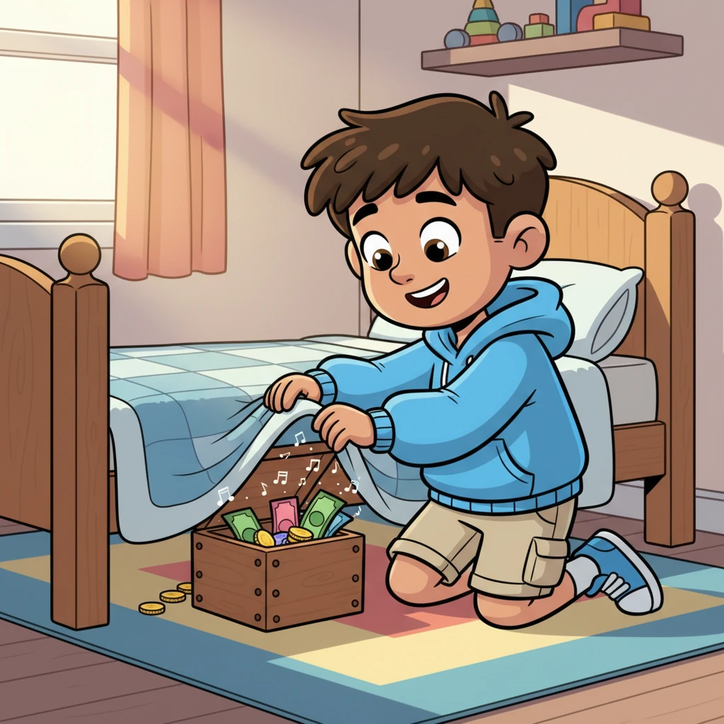With great care, Mateo tucked his hard-earned money into a small, secret box hidden beneath his bed. The coins clinked happily, and the bills lay neatly, growing steadily over the weeks. He imagined the box humming with future melodies.