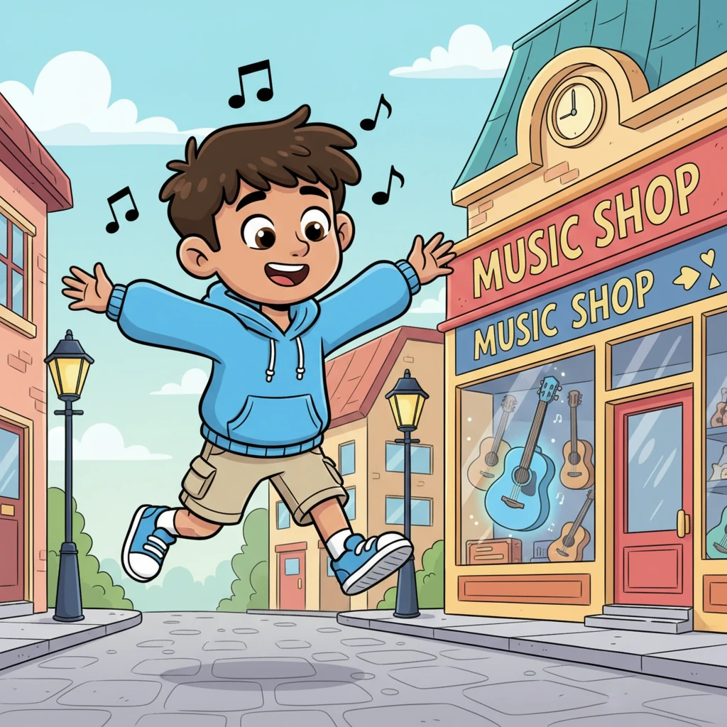 Mateo practically floated down the street, his feet barely touching the ground, on his way back to the music shop. His excitement was a bubbly, effervescent feeling that made him skip and hum. The blue guitar awaited its new owner.