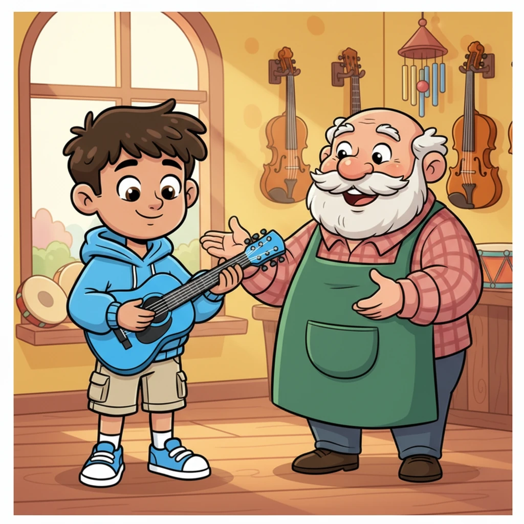 The friendly shop owner beamed as Mateo, with shining eyes, pointed to the blue guitar. Mateo held his new treasure gently, a look of pure bliss on his face. The guitar felt perfect in his hands, smooth and cool.