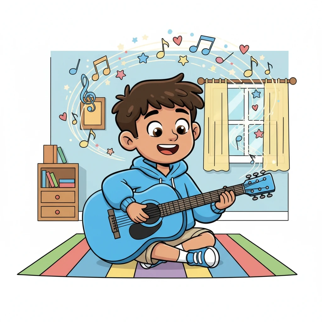 Back home, Mateo carefully sat down, the blue guitar resting comfortably in his lap. He strummed the strings, and a sweet, slightly wobbly but utterly happy melody filled his room. Bright, whimsical music notes danced all around him, celebrating his dream come true.