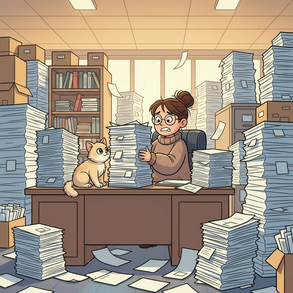Ms. Elena, a kind lawyer with spectacles perched on her nose, sighs deeply at her desk. She is surrounded by a sea of legal documents, some looking blurry and confusing, almost as if the words are trying to hide the truth. She feels overwhelmed by the task of ensuring everything is perfectly accurate.