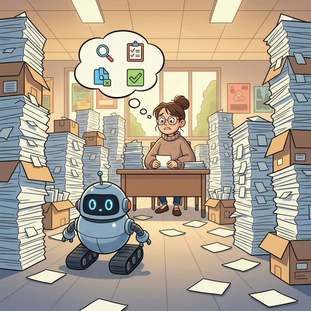 Lexi notices Ms. Elena's worried frown and the jumbled papers. Her internal circuits buzz with an idea! She understands the importance of clear information and decides to offer her unique talents. Lexi rolls closer, her screen displaying a helpful thought bubble.