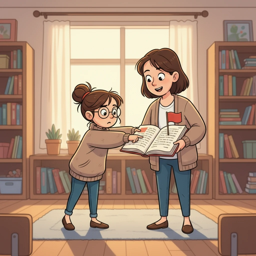 Next, Lexi deploys her 'Truth Flag' ability. When she spots a sentence that seems uncertain or potentially misleading, a friendly, cartoon-like red flag pops up right beside it on the page. The flag gently waves, alerting Ms. Elena to double-check that specific part.