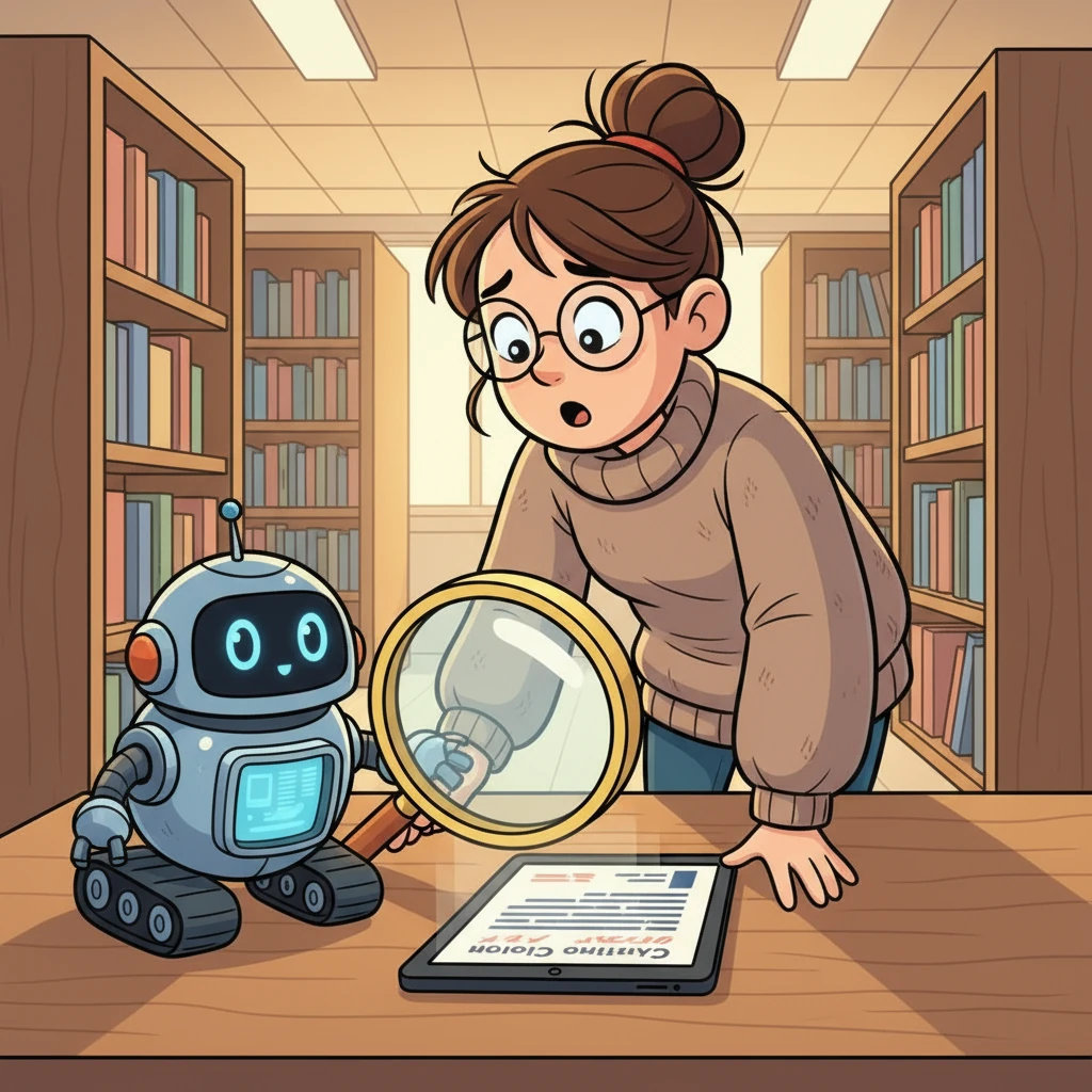 Ms. Elena blinks in surprise, then leans forward, her eyes widening behind her glasses. The blurry words on the scanned document begin to sharpen, and the clear citation lines make everything much easier to follow. She looks at Lexi with a mix of wonder and gratitude.