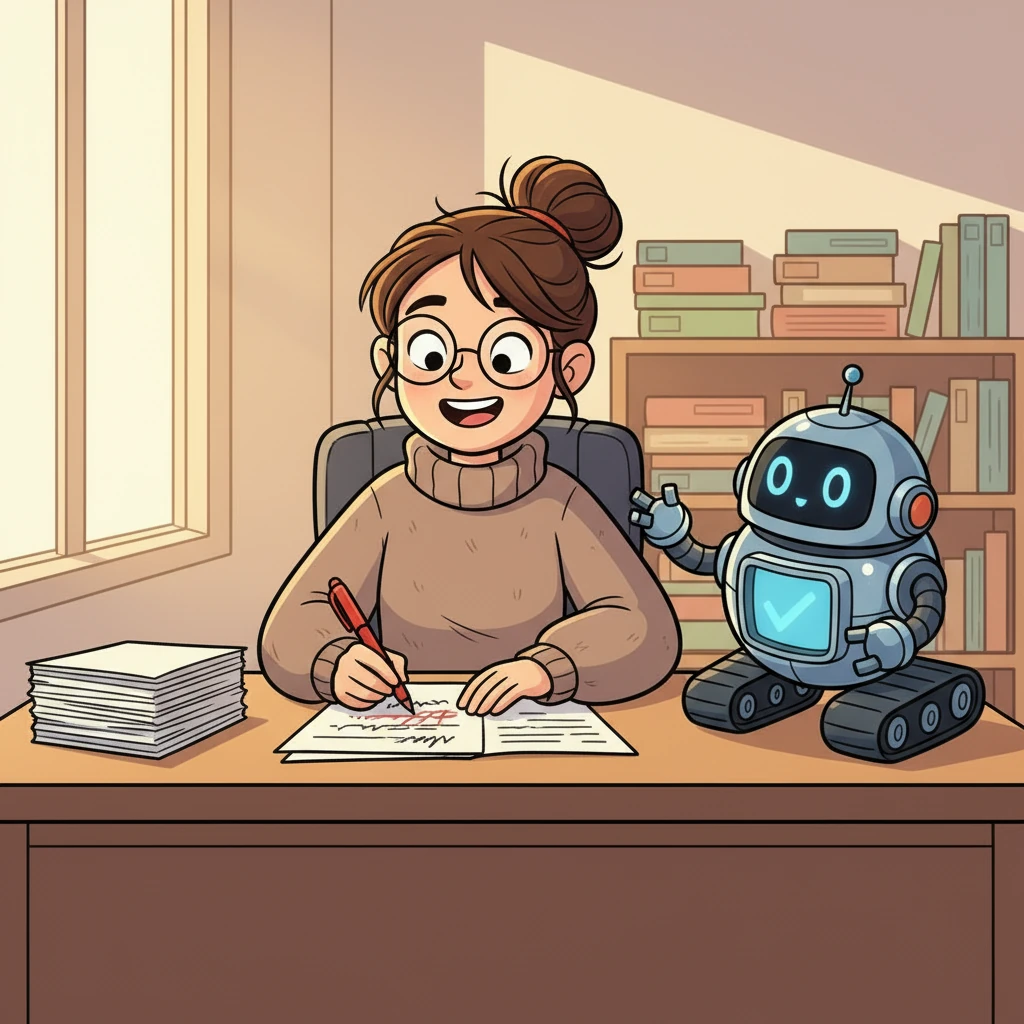 Empowered by Lexi's help, Ms. Elena confidently begins to correct and clarify her documents. She smiles as she sees the once-confusing text transform into clear, precise language. Her desk, once a chaotic mountain, now feels manageable and bright.