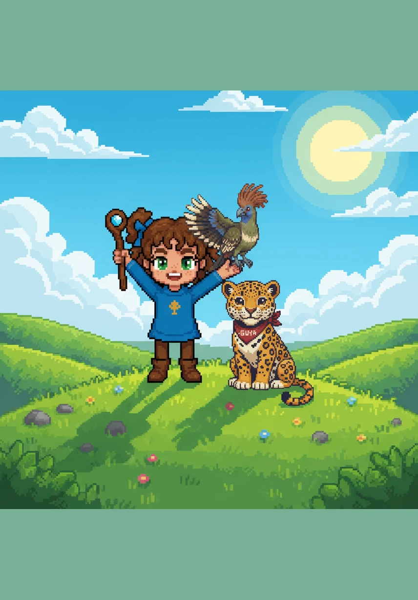 Romaiyah Birch stands on a lush green hilltop, proudly holding the colorful flag of Guyana. The sun shines brightly on the red, yellow, green, black, and white patterns of the Golden Arrowhead.